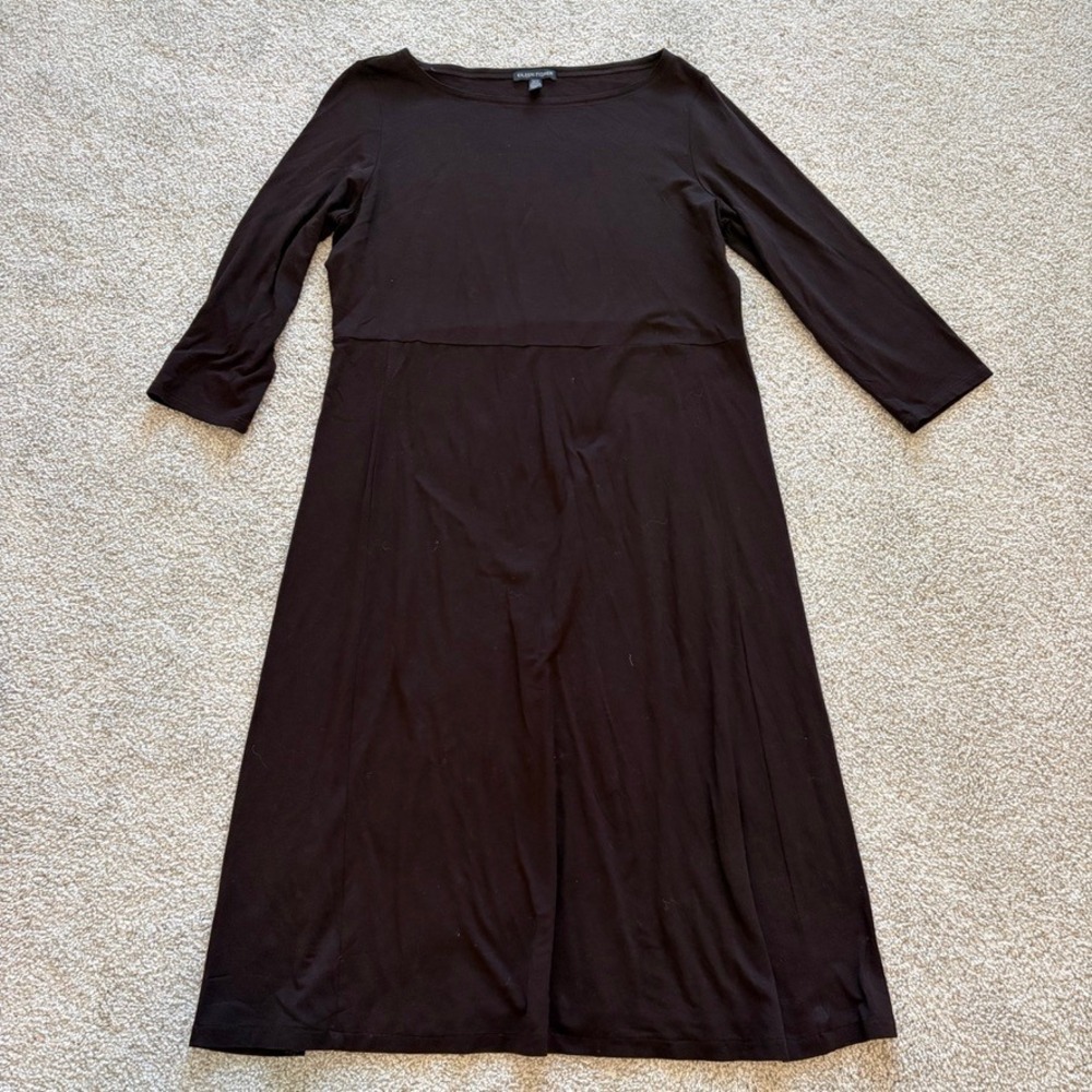 Eileen Fisher Jersey‎ Knit Midi Dress Womens S Black 1/2 Sleeve Casual Stretch